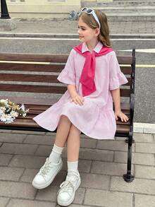 SHEIN 少女度假休闲学院风条纹拼接撞色水手领喇叭袖短袖衬衫裙，适合返校、日常出行 - 粉色 - 查看 8