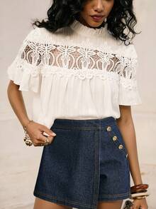 Poéselle Women's Solid Embroidered Jacquard Fabric Romantic Lace Trim Splice Perforated Ruffle Collar Loose Cotton Blouse - White - View 1