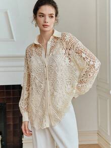 Anewsta Elegant Vacation Water-Soluble Lace Loose Long Sleeve Hollow Out Lace Blouse - Apricot - View 4