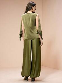 Aveloria Modichic Elegant Olive Green Summer Women's Dress,Glossy Fabric Tassel Trim Turtleneck Bohemian Vacation Outfits,Versatile Tea Party Stylish Everyday Wear - Olive Green - View 4