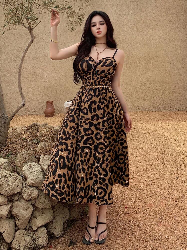 Women's Elegant Leopard Print Sleeveless Mid-Length Dress, Summer,Wedding Guest Dress Women Sundress