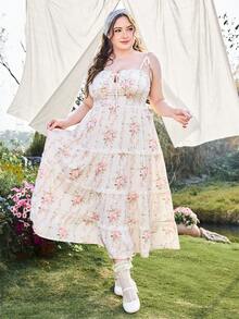 Sweetness Spring / Summer Valentine's Day Spring / Summer Plus Size Women Floral Print Tie Front Lace Trim Cami Dress, Vacation - Multicolor - View 5