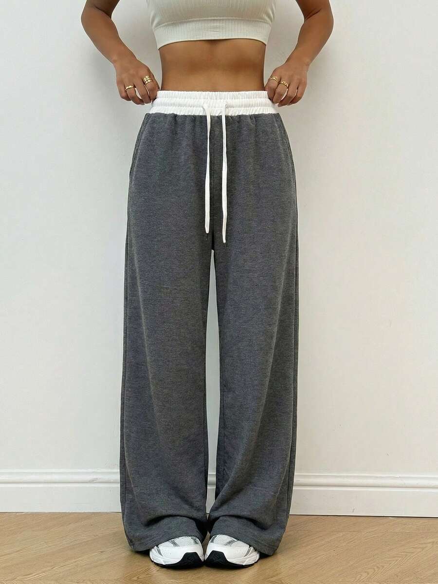 Dewbera Yoga Casual Loose Contrast Color Drawstring Waist Wide Leg Sweatpants - Dark Grey - View 1