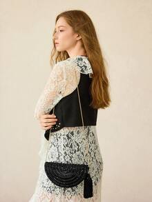 MOTF HANDMADE BEADED EVENING BAG, BLACK TASSEL CLUTCH, ELEGANT CHAIN SHOULDER CROSSBODY BAG - Black - View 9