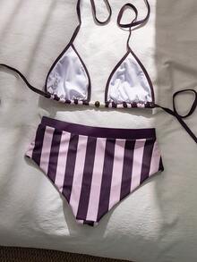 Swim Mod Spring/Summer Beach Vacation Purple-Pink Contrast Halter Striped Bikini 2 Pieces Swimwear - Multicolor - View 2
