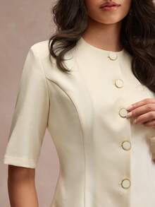 CLARA VERO Women's Round Neck Waist Cinched Button Short Sleeve Blazer & Fish Tail Skirt Suit Set - White - View 7