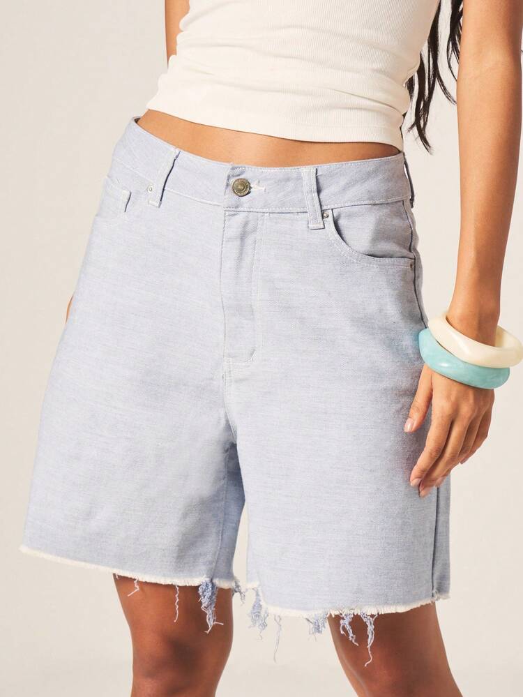 MISSGUIDED Women's Longline Pastel Lilac Denim Shorts With Frayed Raw Hem High Rise Casual Summer Style Bermuda Length Distressed Finish