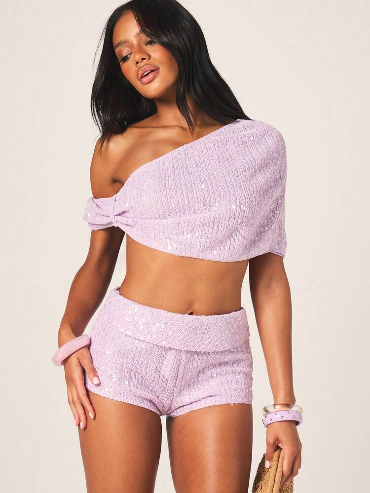 MISSGUIDED Top court tricoté avec sequins et épaules dénudées, avec col repliable et manches courtes pour la mode d'automne pour femmes