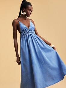 Travachic Đầm denim hai dây hở lưng thời trang nữ, thích hợp cho kỳ nghỉ - Rửa nhẹ - Xem 5