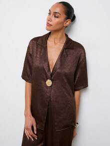 Maija Brown Satin Women's Suit Set, Short Sleeve, Textured, Loose, Casual, Urban - Brown - View 7