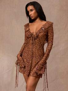 Opulessa Women's Vacation Leopard Print Ruffle Collar Front Tie Cover Up Dress - Multicolor - View 5