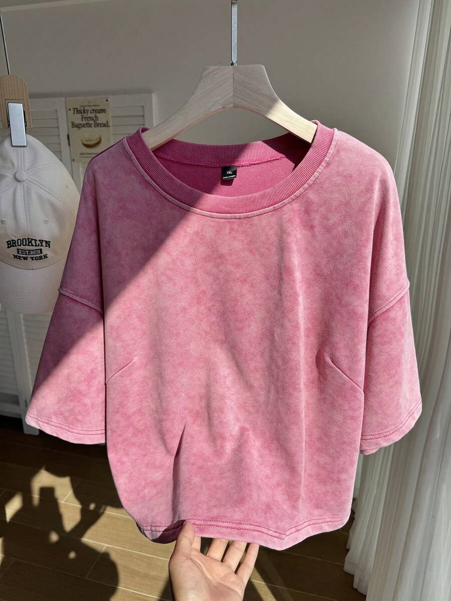 Comfortcana 玫瑰红春季纯棉水洗雪花加大码短袖T恤 - 玫紅色 - 查看 1