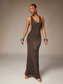 Denimoi O型环露背长裙性感连衣裙 GNO度假装扮 伊比沙岛 欧洲夏季 - 深棕色 - 查看 5