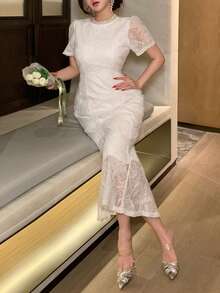 DAZY Đầm ren cổ tròn tay ngắn dáng đuôi cá ôm sát thanh lịch dành cho nữ - trắng - Xem 5