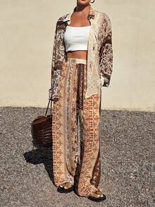 DAZY Women's Floral Print Loose Long Sleeve Shirt And Wide Leg Pants Two Pieces Casual Vacation Summer Set - Brown - View 1