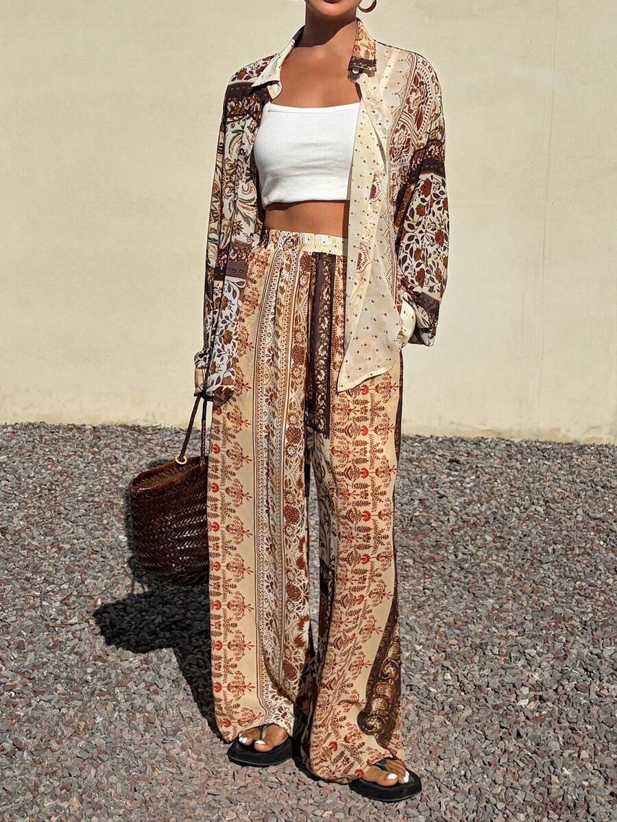 DAZY Women's Floral Print Loose Long Sleeve Shirt And Wide Leg Pants Two Pieces Casual Vacation Summer Set - Brown - View 1