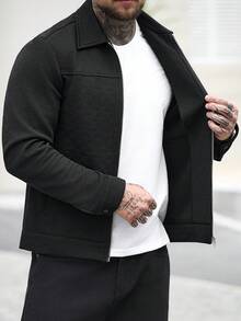 Manfinity Homme 男士纯色拉链休闲百搭日常长袖外套 - 黑色 - 查看 3