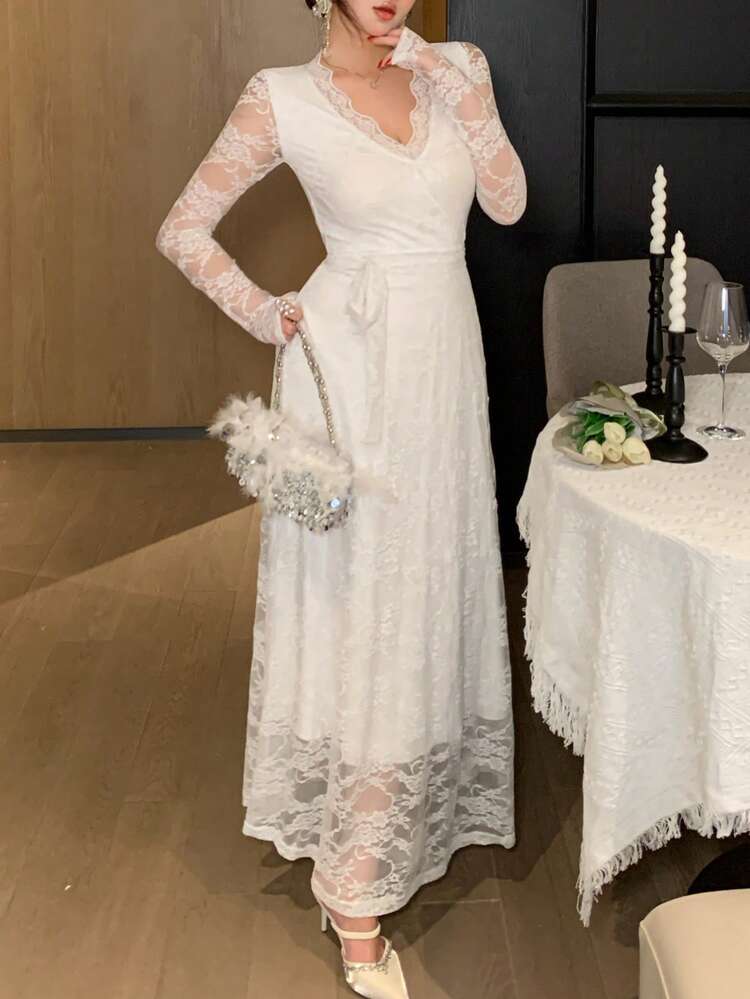 Women's Solid Color V-Neck Raglan Sleeve Lace Long Dress
