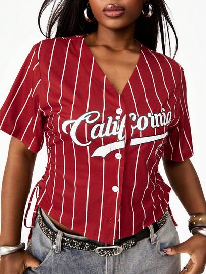 Coolane Summer Outfits  Women's Plus Size Baseball Jersey Corset Style Crop Top With Side Lace Up Detail Pinstripe Pattern Casual Streetwear