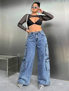 SHEIN EZwear 大码休闲水洗直筒工装牛仔裤 - 中等水洗藍 - 查看 5
