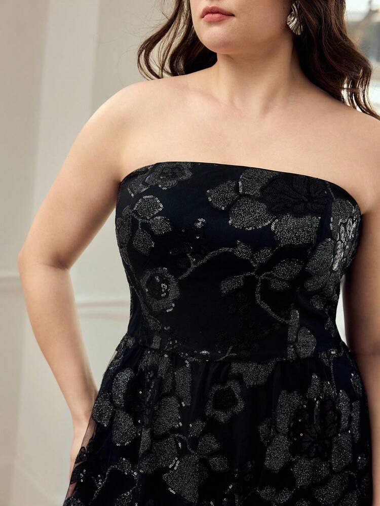 PLUS ELEGANT ROMANTIC SEQUIN FLORAL EMBROIDERY STRAPLESS DRESS
