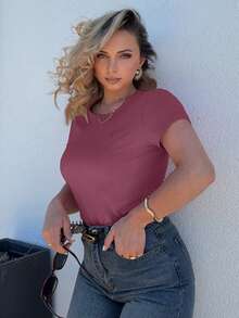 Jeta Ari Solid Color Embroidered Heart Short Sleeve T-Shirt Summer,Business Casual Women - Purple - View 7