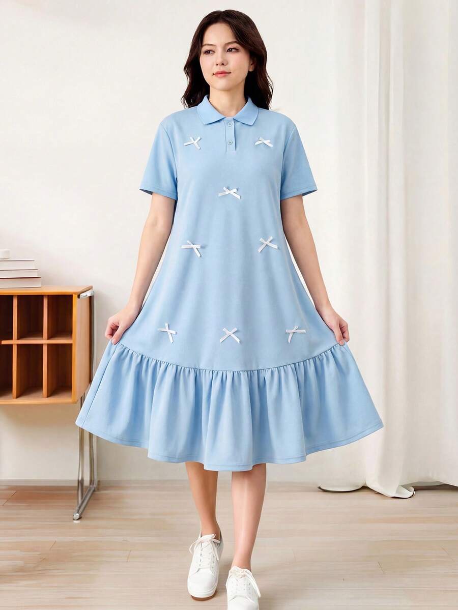 SHEIN 少女宽松休闲舒适翻领卡通图案荷叶边下摆连衣裙 - 藍色 - 查看 1