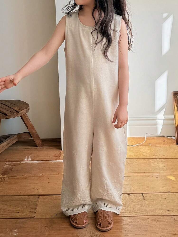 Young Girls Round Neck Solid Color Sleeveless Jumpsuit, Versatile Korean Style Casual Spring/Summer