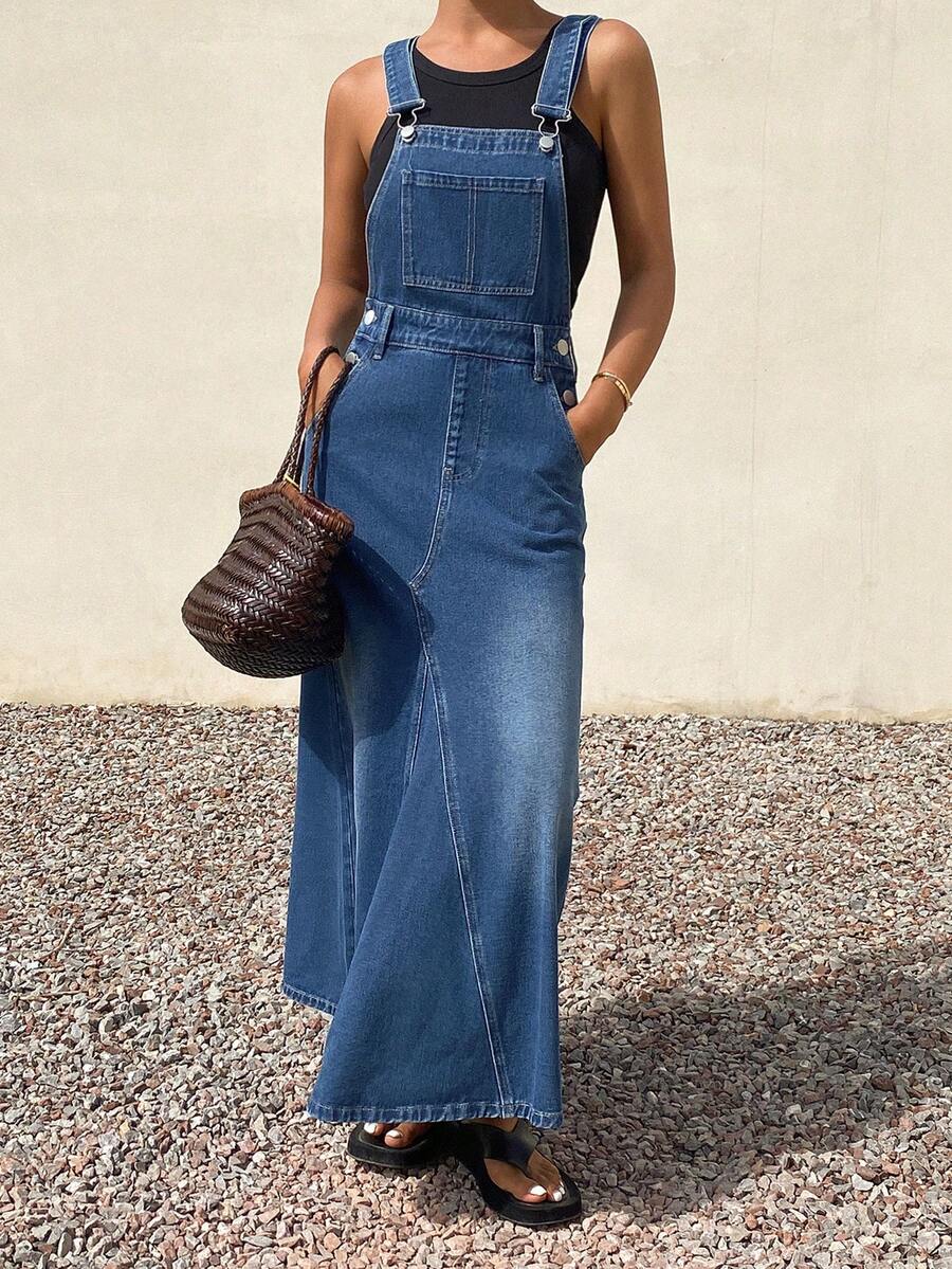 DAZY Women's Casual Washed Denim Jumper Dress - Medium Wash - View 1