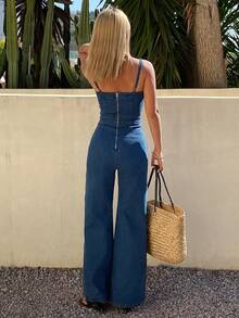 DAZY 女士休闲水洗牛仔连体裤，阔腿设计，适合春夏穿着 - 中等水洗藍 - 查看 2