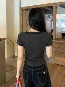 DAZY 女士休闲波点蕾丝边T恤，夏季 - 灰色 - 查看 6