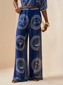 Zivah 2026 Women's Casual Beach Vacation Sheer Chiffon Coverup With Underwater Animal & Print, Pants Style - Blue - View 5