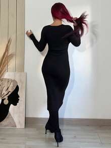 Bearsaez Women's V-Neck Waisted Sweater Dress, Christmas - Black - View 2