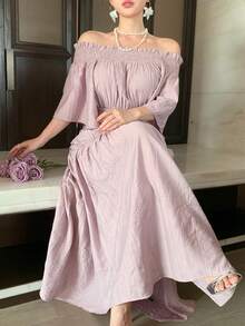 DAZY Women's Summer Off Shoulder Short Sleeve Waist Cinched Elegant Long Dress Sundress - Pink - View 4
