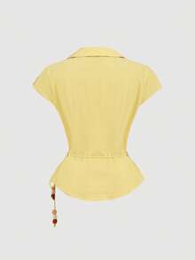 SHEIN MOD Áo sơ mi nữ mùa hè kiểu dáng thường ngày, màu trơn, buộc dây, vạt áo bất đối xứng. - Màu vàng - Xem 4