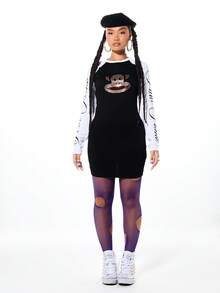 SUMWON X PAUL FRANK SUMWON WOMEN 女士撞色插肩袖迷你连衣裙，饰有水钻猴子图案印花，长袖修身圆领派对连衣裙 - 黑與白 - 查看 5