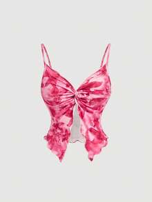 SHEIN MOD 女士碎花扭结褶皱吊带背心和半身裙两件套，时尚百搭，适合约会和外出穿着 - 玫紅色 - 查看 6