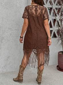 SHEIN LUNE Gaun Renda Rumbai Kasual Ukuran Besar - Coffee Brown - View 2