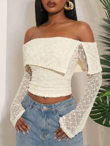 SHEIN SXY Áo kiểu nữ cỡ lớn, thanh lịch, màu mơ, chất liệu vải lưới, đính sequin, trễ vai, tay dài, ôm sát, thời trang, sang trọng, gợi cảm, thích hợp cho kỳ nghỉ, ngày Valentine, đám cưới, cổ điển, tiệc tùng, dạ hội, đi chơi, xuân hè, thanh lịch, lễ hội, phong cách boho, thường ngày, lễ hội, đường phố. - Nhiều màu - Xem 8