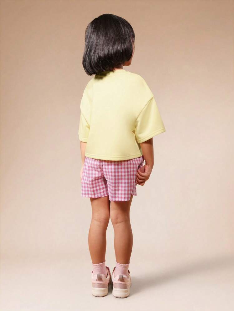Girls Two Piece Gingham Print Slogan Co-Ord Set Yellow Top Pink Checked Shorts Summer Casual Outfit
