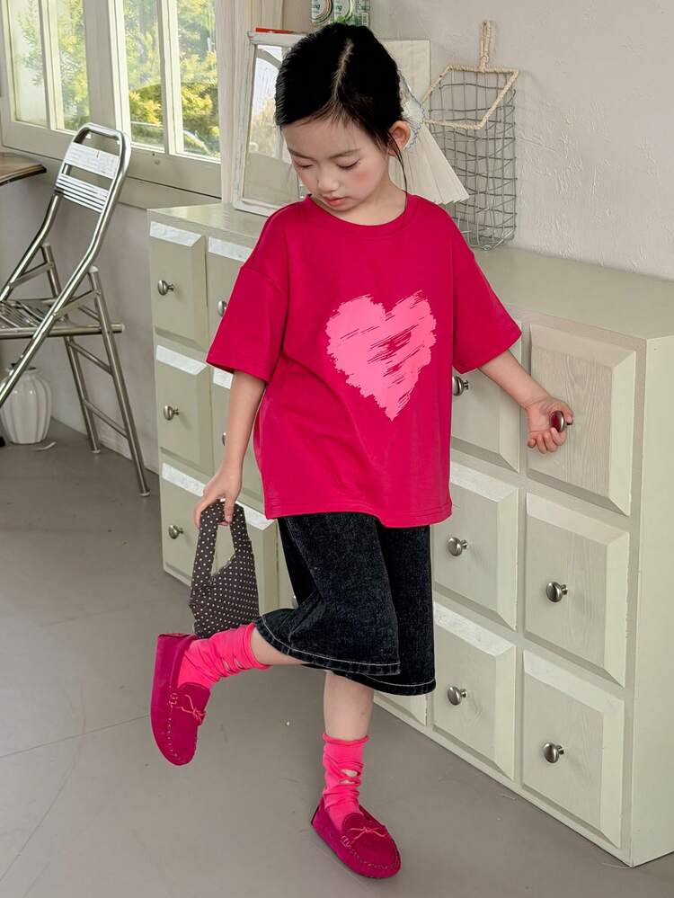 Young Girls Round Neck Solid Color Casual Heart Graphic Short Sleeve T-Shirt Summer