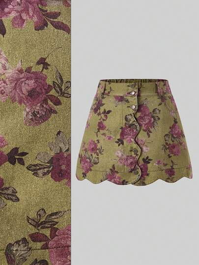 SHEIN MOD Plus Size Women Retro Printed Denim Skirt Women's Floral Print Scallop Hem Denim Skirt With Button Front Summer Skirt Summer For Women Spring Women Spring Breaks Valentines For Women Elegant Skirt For Party Wedding Guest Skirt For Women Graduation Skirt Graduation Ceremony Elegant Women's Ceremony Skirt Vacation Skirt Summer Vacations Beach Vacations For Women Casual Skirt Green Skirt For Women