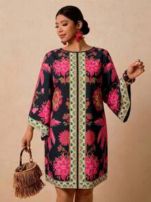 Travachic 大码女式紫红色和绿色热带花卉印花连衣裙，中长袖连衣裙，适合秋冬季节，宽松圆领短款连衣裙，露背系带连衣裙，罩衫连衣裙 - 黑色 - 查看 4