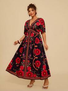 Travachic 大码女式V领碎花优雅收腰约会派对连衣裙 女式大码连衣裙 女式夏季连衣裙 女式连衣裙 - 彩色 - 查看 3