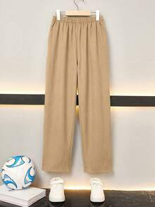 SHEIN Celana Kasual Musim Panas Warna Khaki untuk Anak Laki-Laki Remaja, Celana Panjang Polos dengan Hiasan Lipit dan Tali Serut di Pinggang Elastis untuk Musim Gugur, Musim Semi, dan Musim Dingin - Unta - View 5