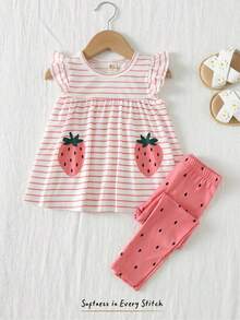 Cozy Pixies 女童草莓图案针织柔软圆领无袖背心和松紧腰印花裤两件套 - 粉色 - 查看 7