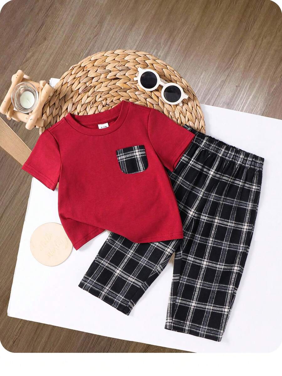 SHEIN Baby Boy Plaid Pattern Pocket Short Sleeve T-Shirt And Plaid Shorts Comfortable Casual Pajama Set, 2pcs,Kids - Multicolor - View 1