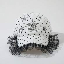 1 Women's Polka Dot Lace Rhinestone Baseball Cap - Black and White - View 5