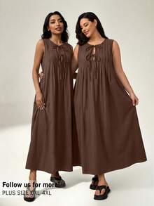 Auralis 大码纯色圆领扭结休闲无袖连衣裙 - 咖啡棕 - 查看 6