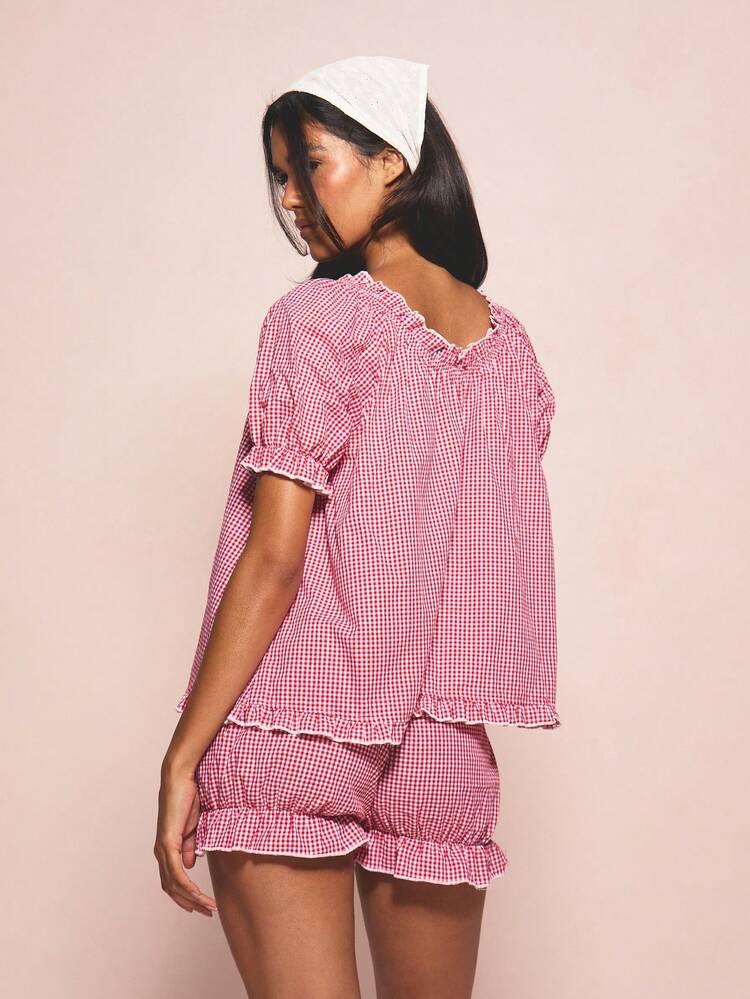 MISSGUIDED Women's Pink Gingham Check Short Sleeve Pajama Set With Ruffle Trim Button Front Top And Elastic Waist Shorts Loungewear